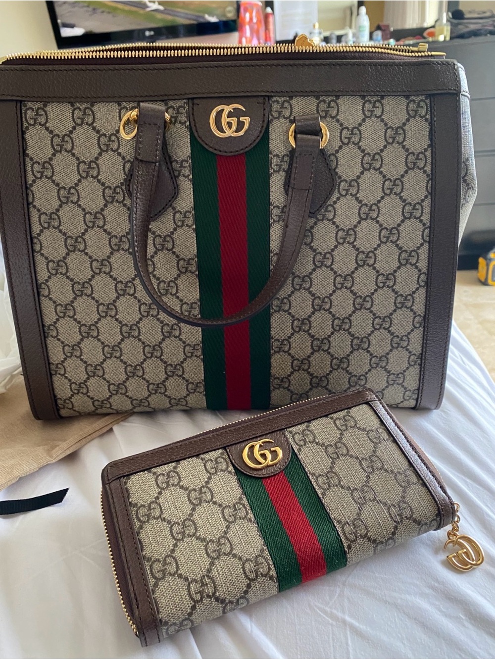 Gucci Brown GG Supreme Tote and Wallet with Green-Red Web Stripe
